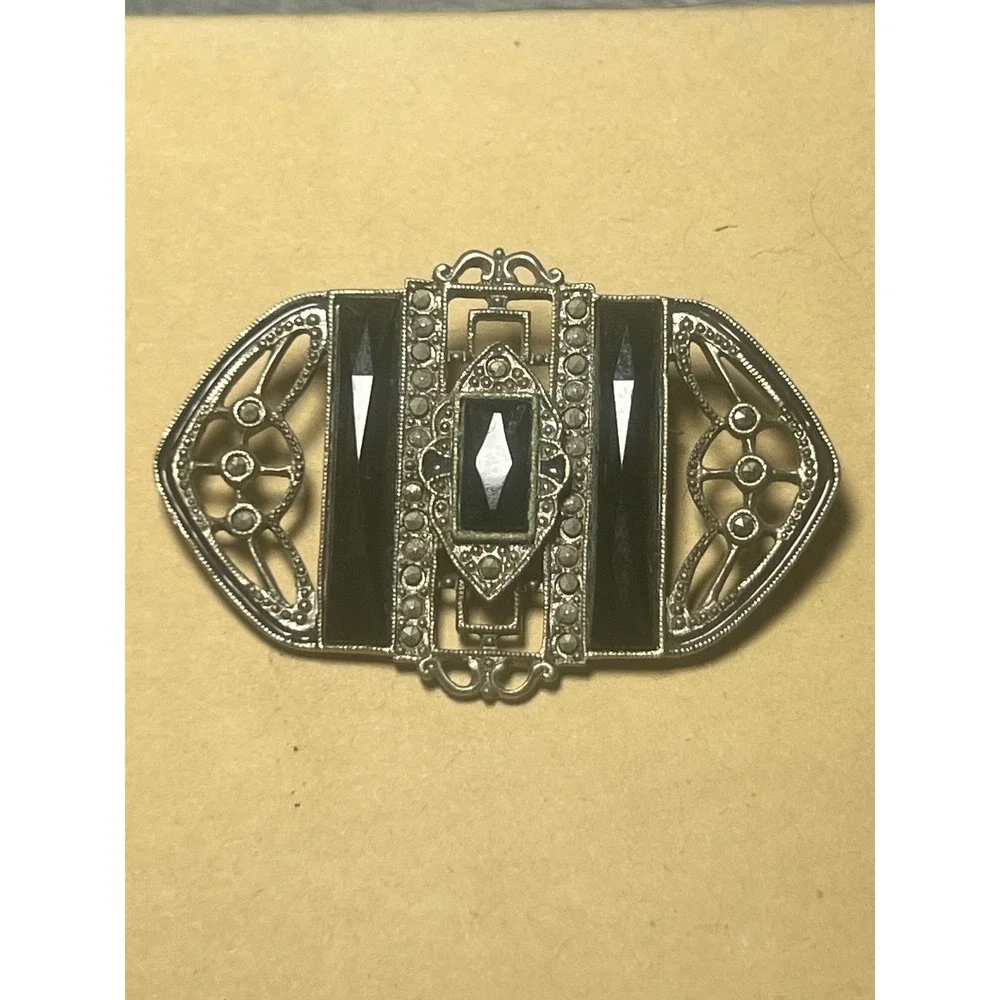 Vintage Art Deco Black Glass Marcasite Style Brooch Pin Silver Tone 2 Inch